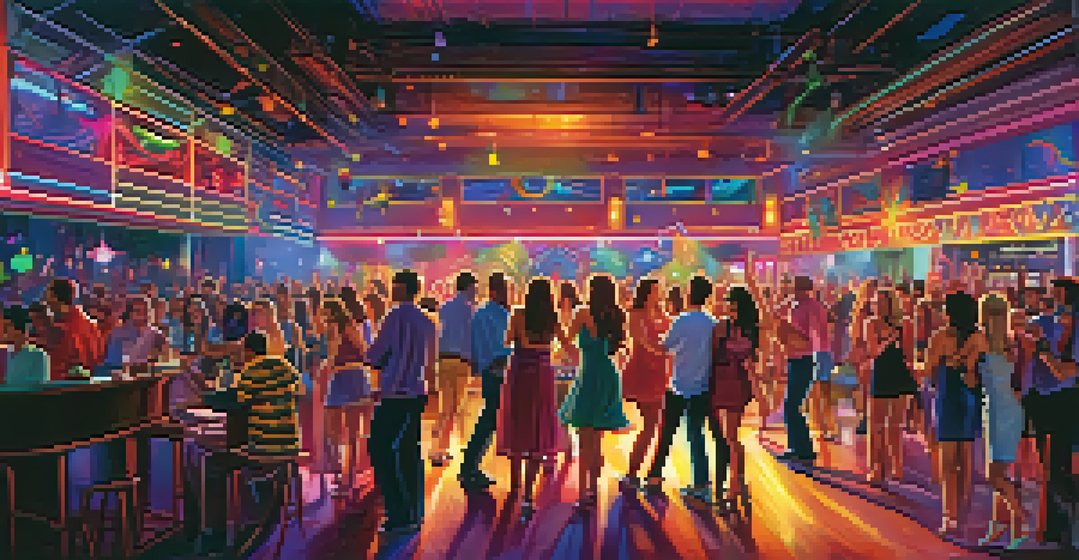 A vibrant dance club in Nashville, bustling with people dancing and enjoying the music under colorful lights.