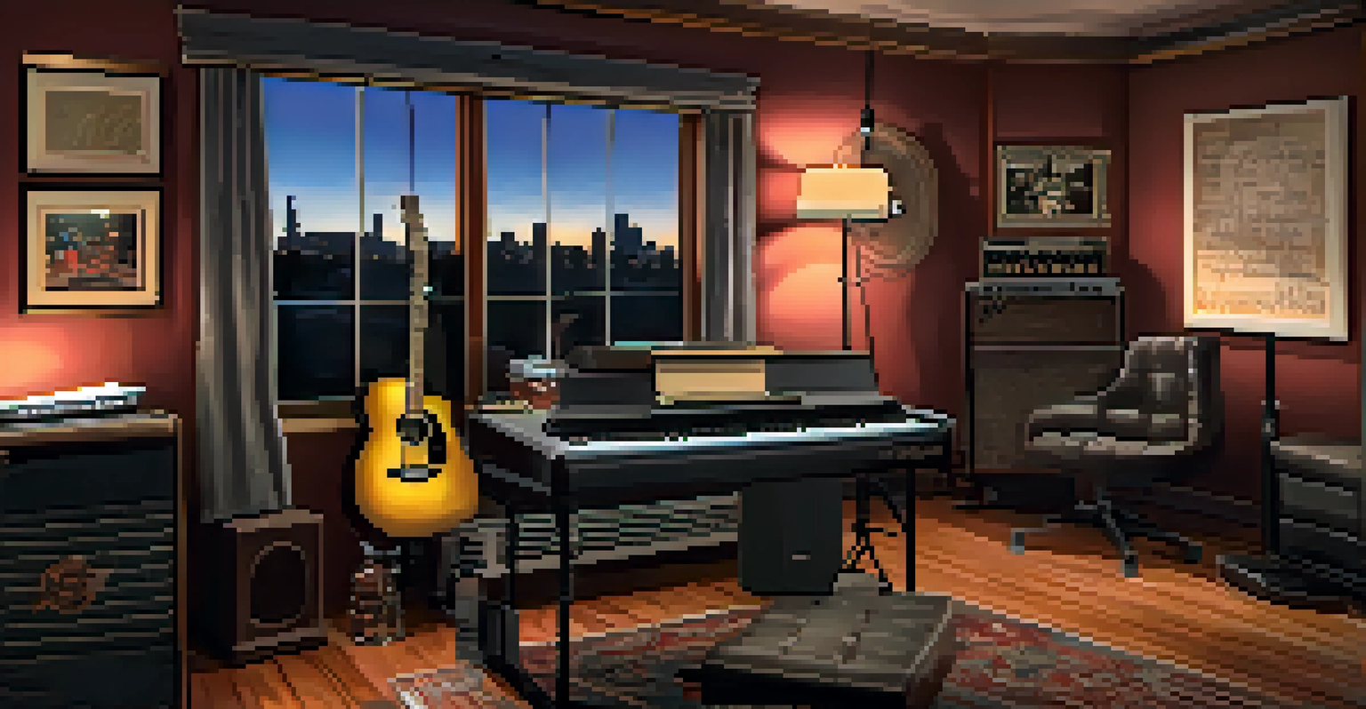 A cozy songwriting room in Nashville, filled with musical instruments and warm lighting.