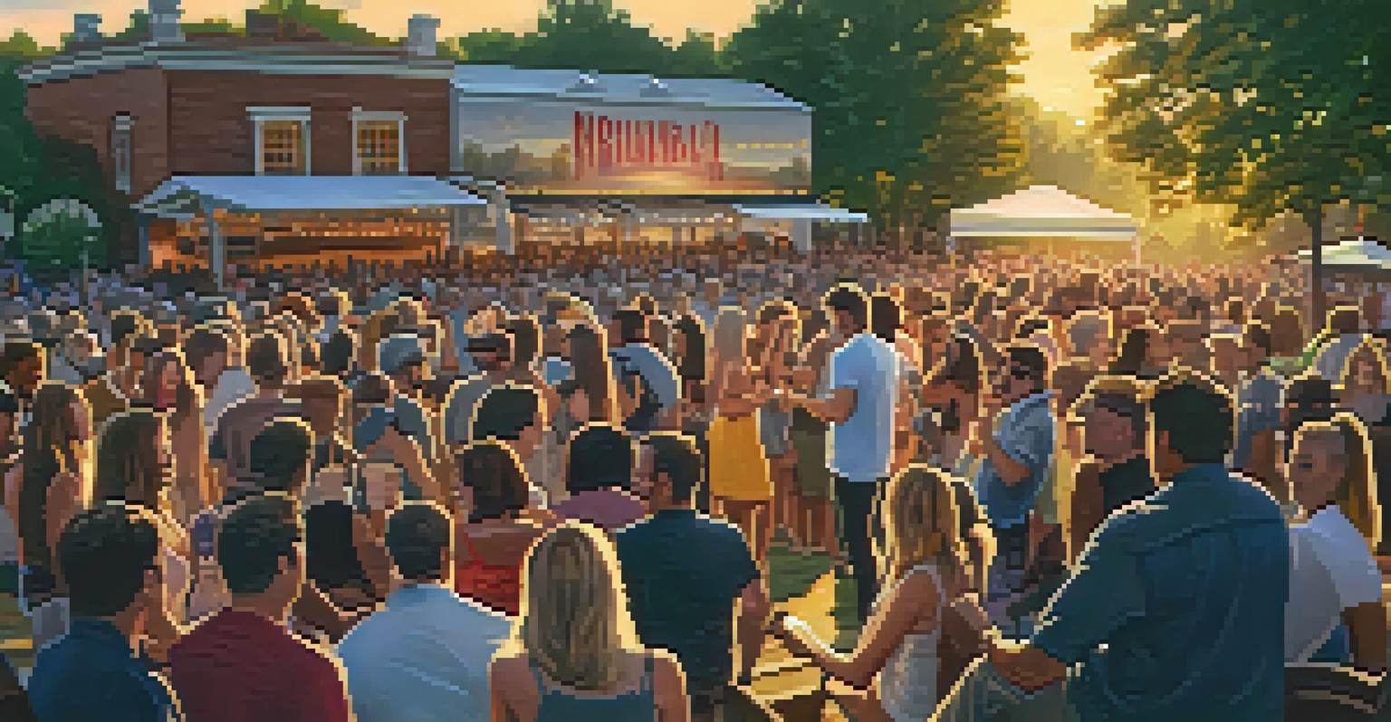A summer concert in Nashville at sunset, with a crowd enjoying live music and vibrant colors in the sky.