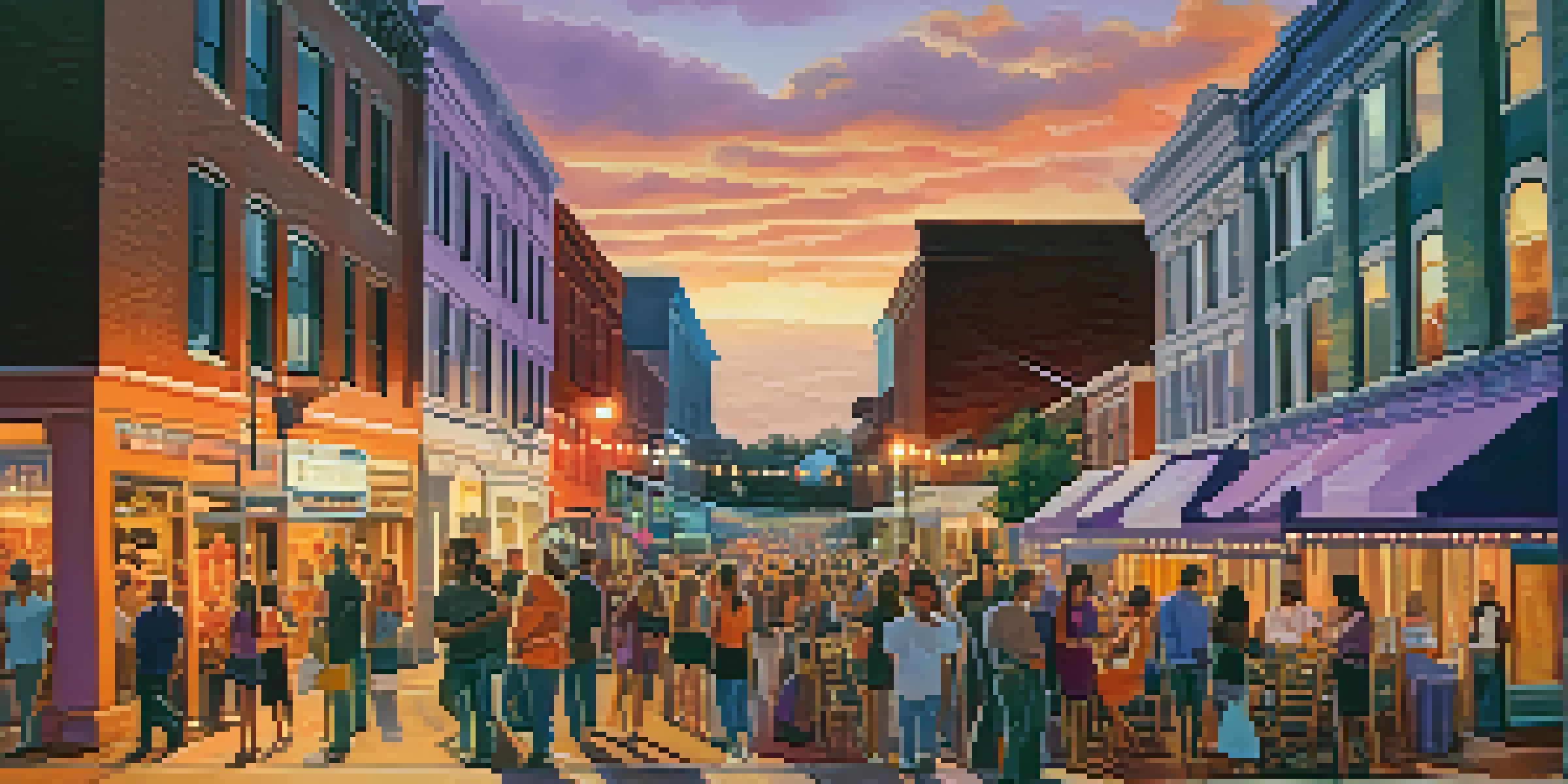 A colorful street in Nashville at sunset, filled with young people, murals, and outdoor cafes.