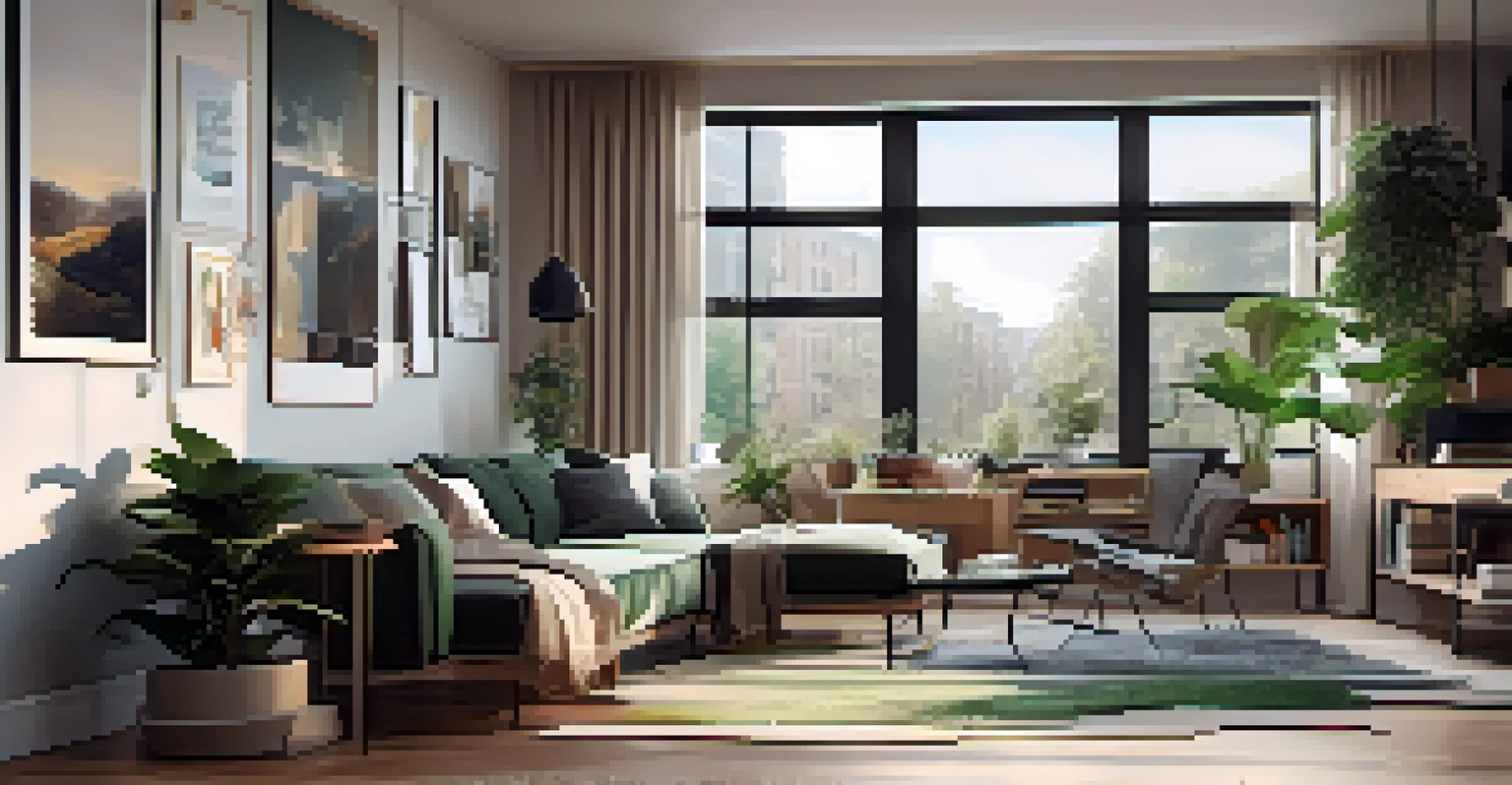 A contemporary apartment interior with an open space, large windows, and modern decor.