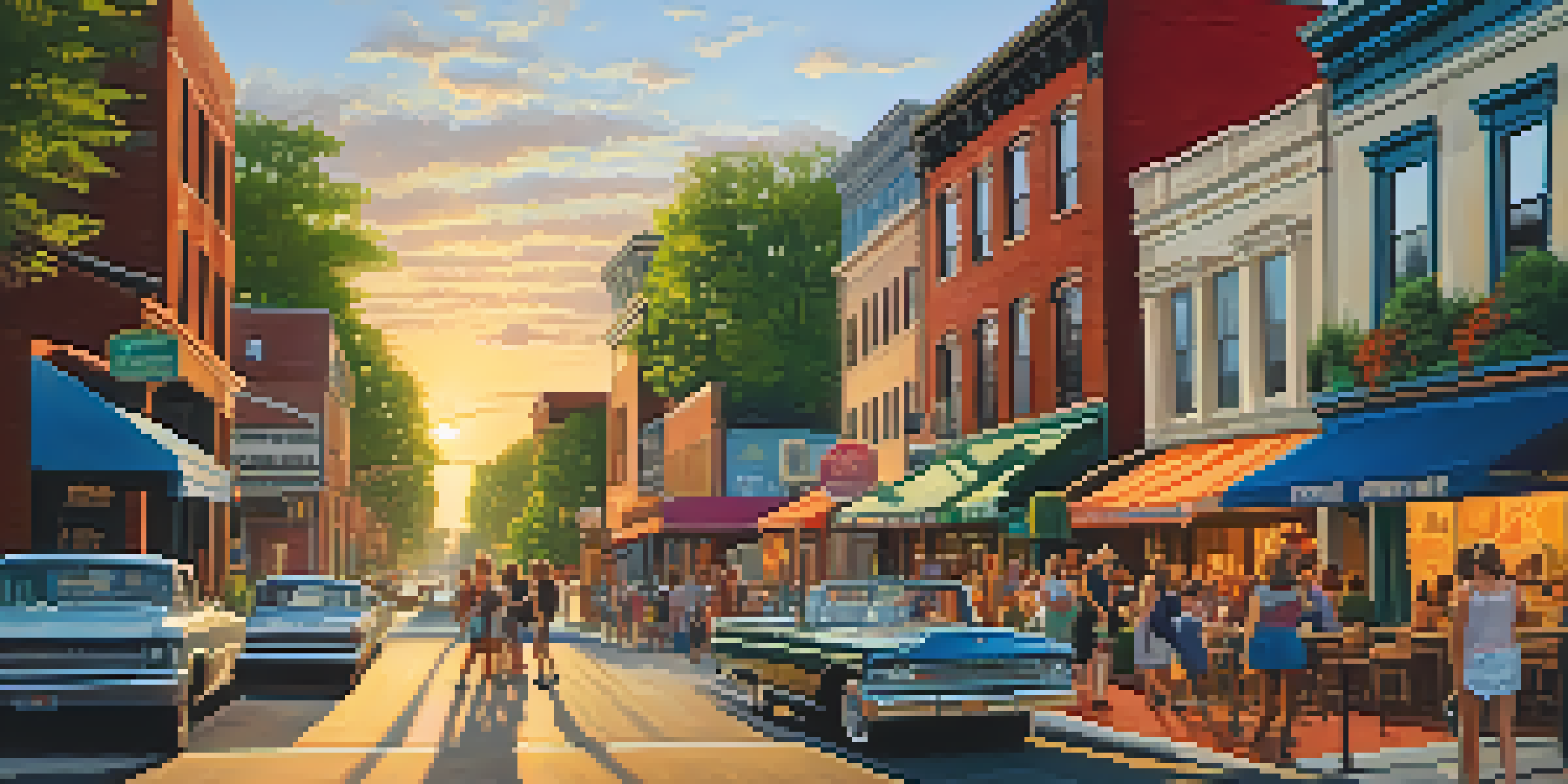 A lively Nashville street scene with colorful murals, outdoor cafes, and people enjoying music, illuminated by the warm glow of sunset.