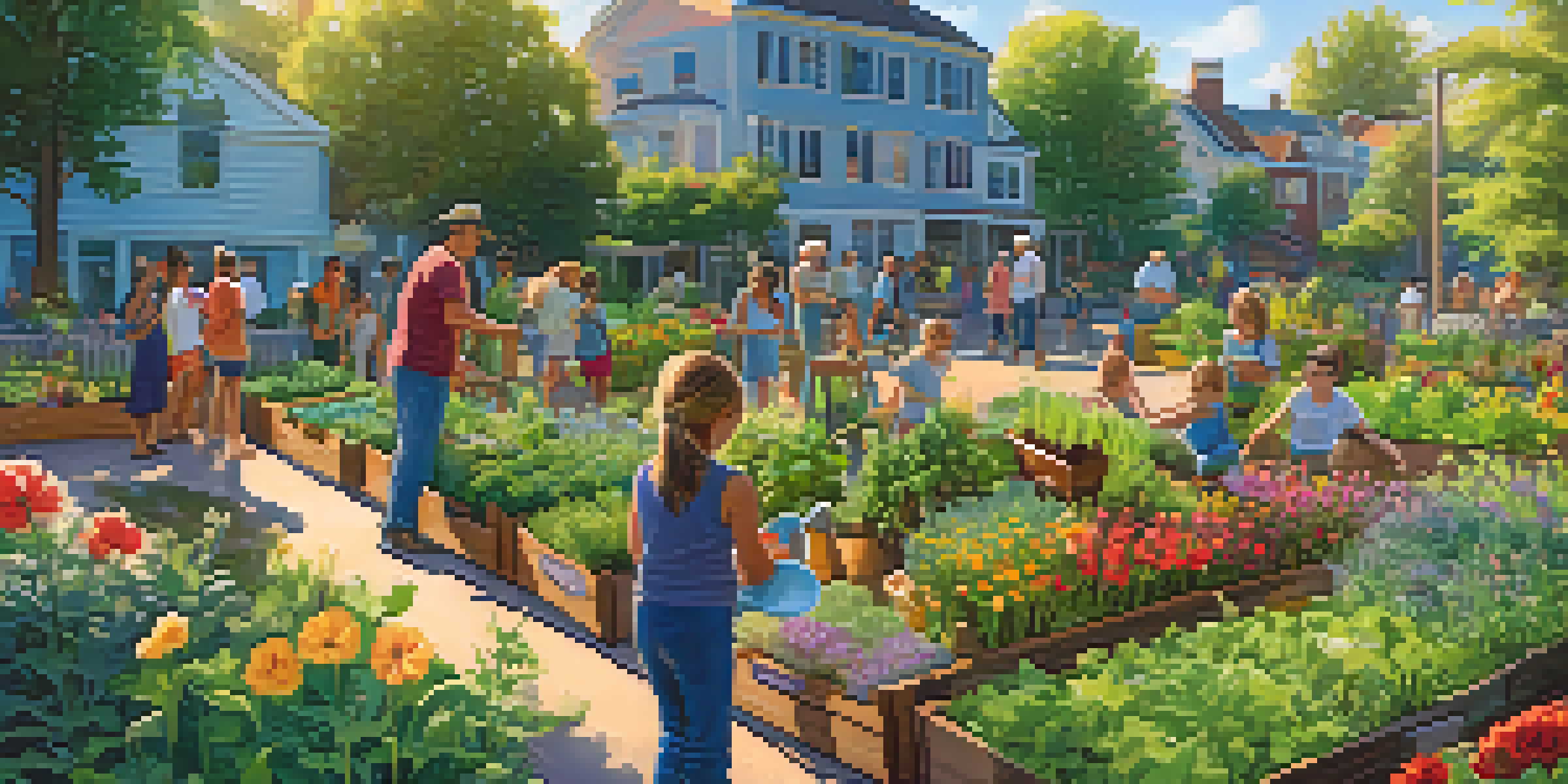 A diverse group of people working together in a community garden, surrounded by greenery and colorful flowers under a sunny sky.