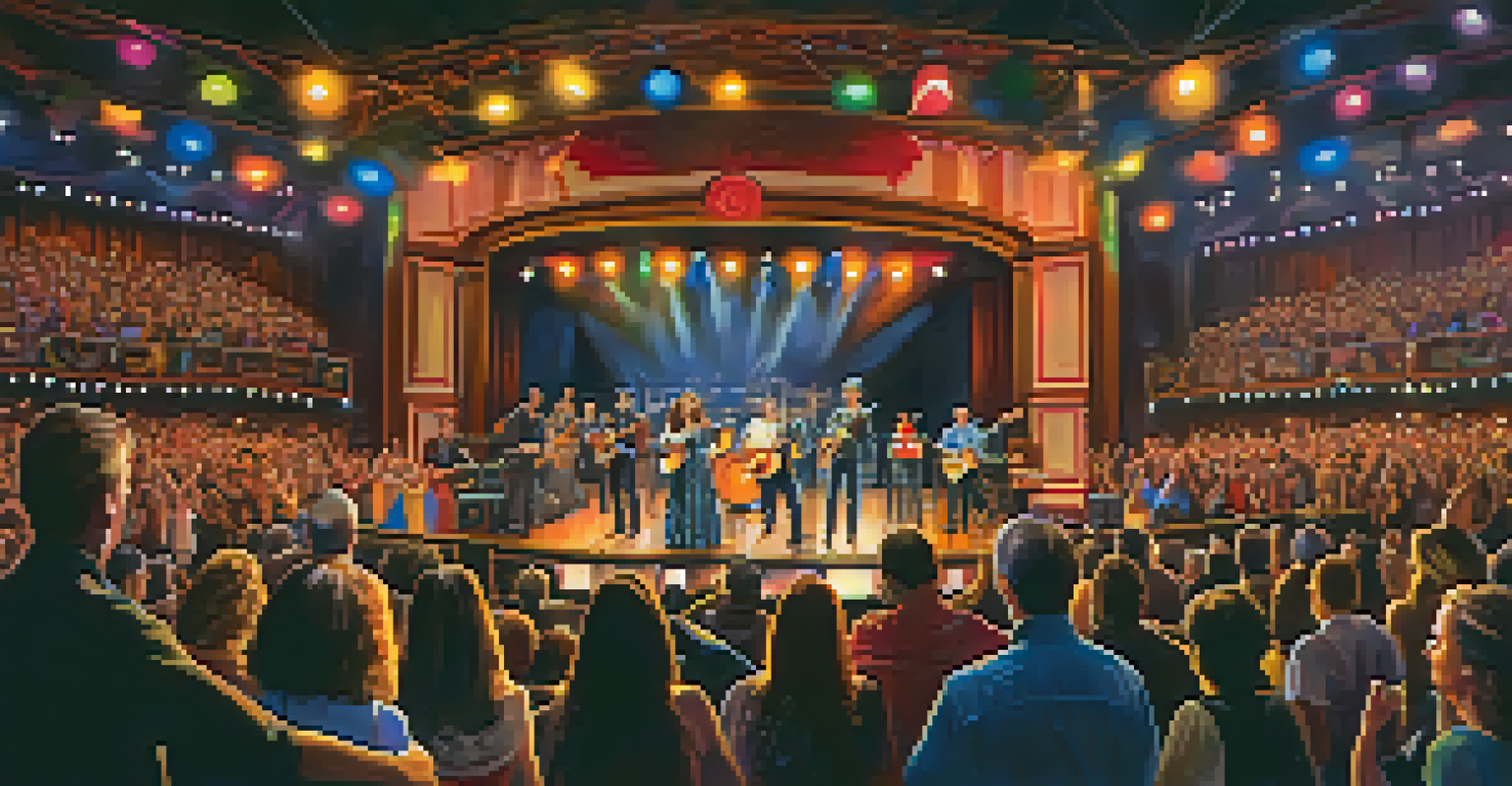 A dynamic performance on the Grand Ole Opry stage with diverse country artists and an engaged audience.