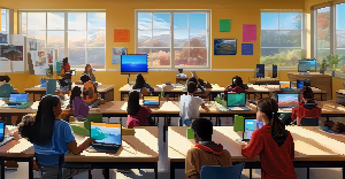 A classroom with diverse students using technology like virtual reality headsets and laptops, with colorful educational posters and natural light coming through the windows.