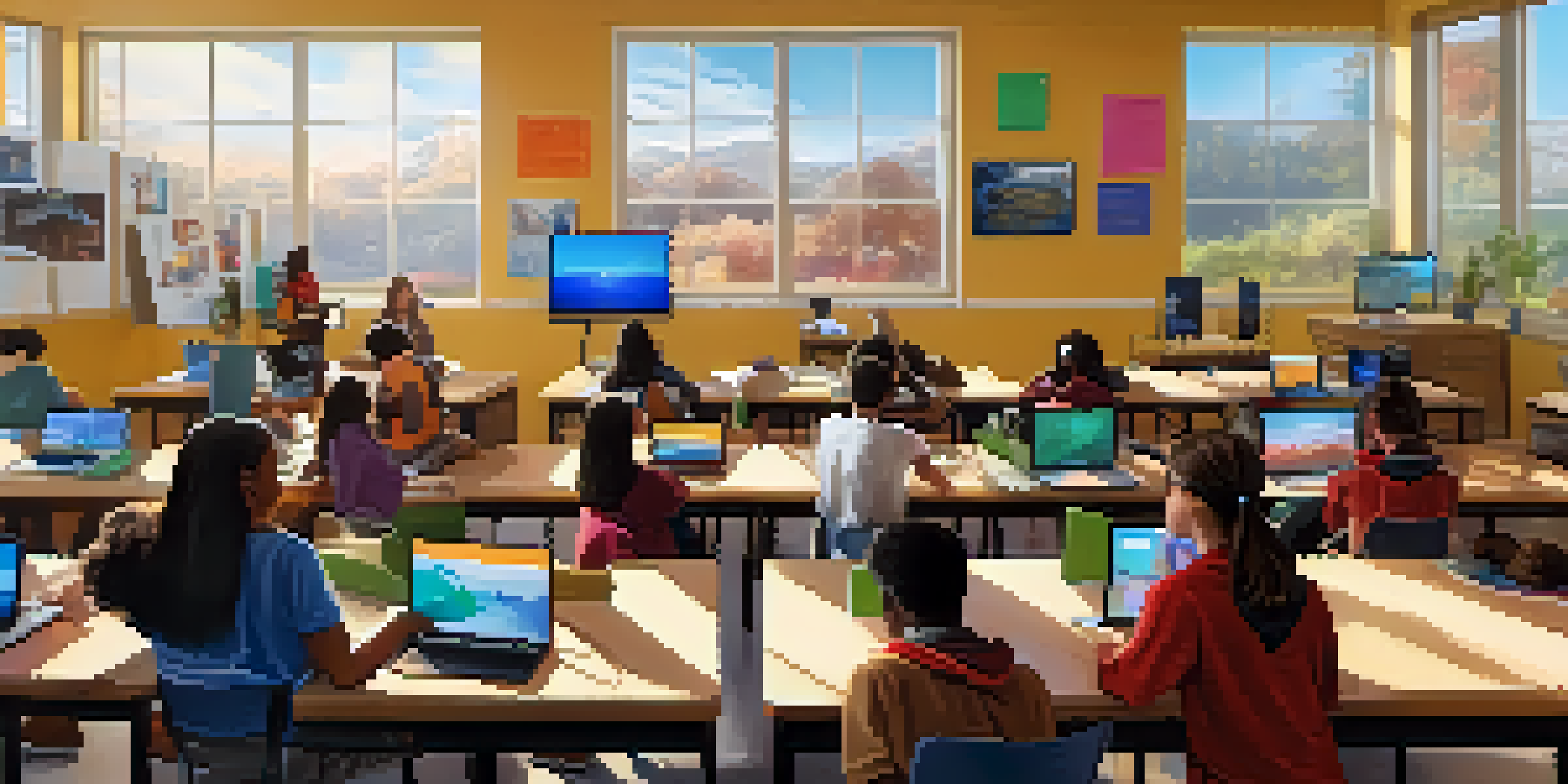 A classroom with diverse students using technology like virtual reality headsets and laptops, with colorful educational posters and natural light coming through the windows.