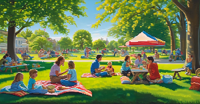 A family enjoying a picnic in a park, surrounded by colorful blankets and whimsical sculptures.