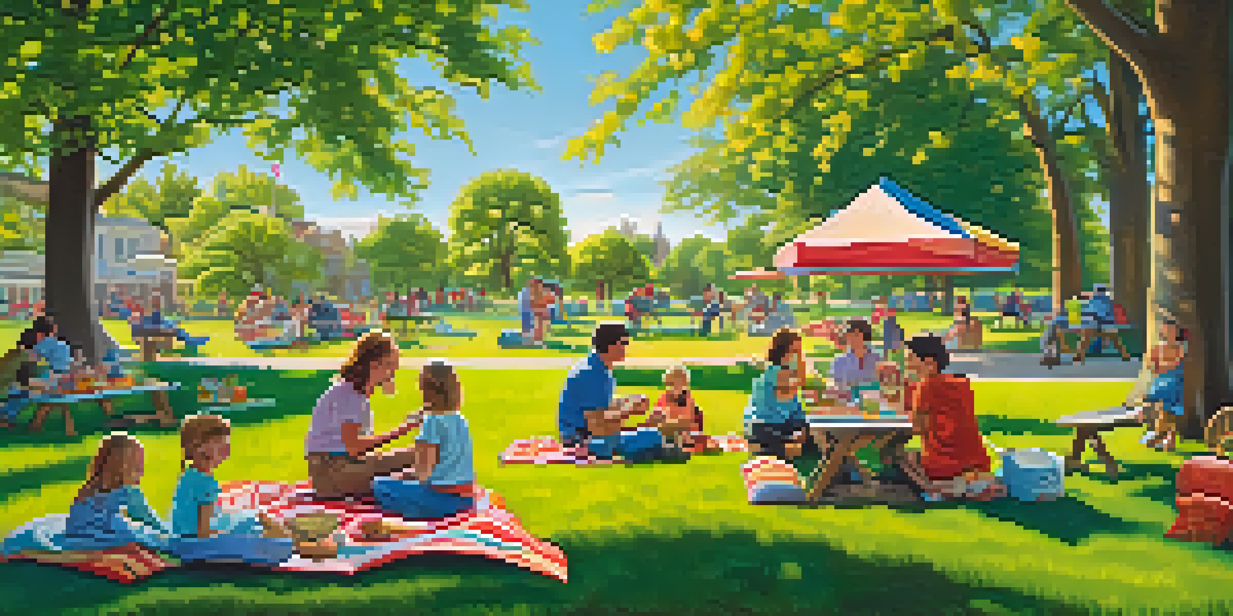 A family enjoying a picnic in a park, surrounded by colorful blankets and whimsical sculptures.