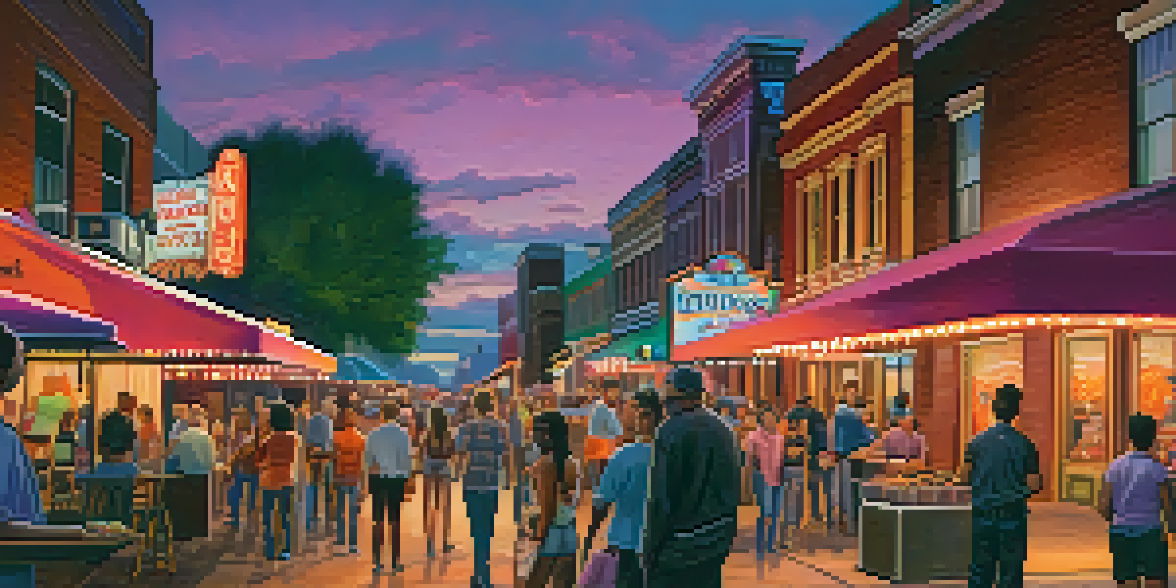 A lively Nashville street scene at dusk with the Grand Ole Opry and diverse crowds enjoying food and music.