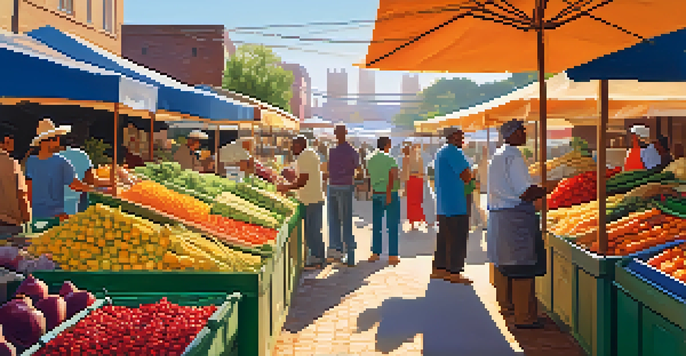 A lively market filled with colorful fruits and vegetables, with sunlight filtering through the canopy and people interacting.