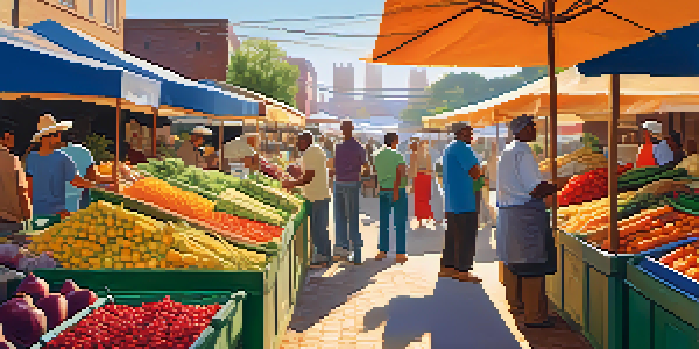 A lively market filled with colorful fruits and vegetables, with sunlight filtering through the canopy and people interacting.