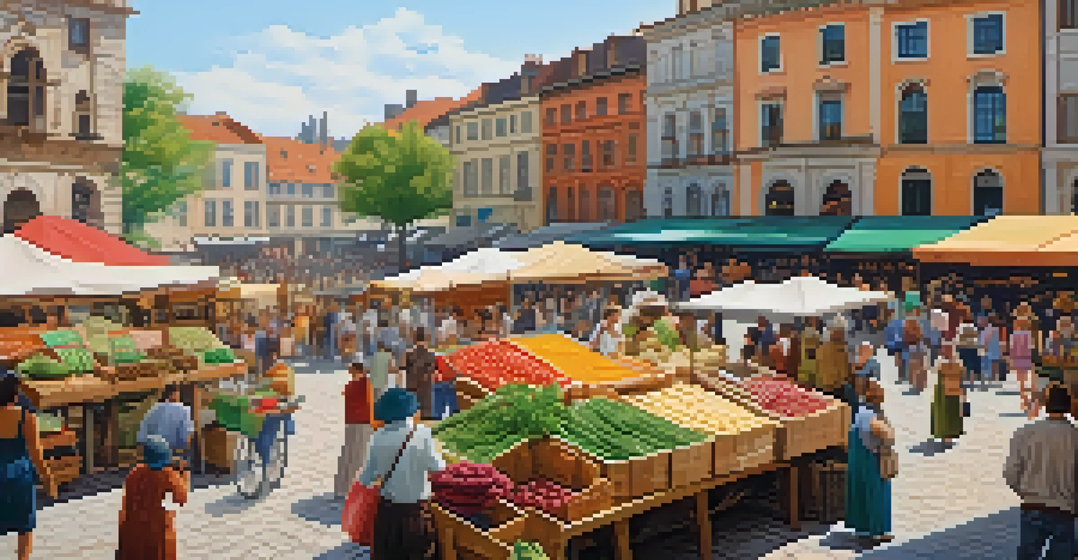 A vibrant market square filled with vendors selling fresh produce and handmade crafts, surrounded by historic buildings.