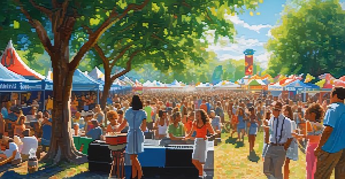 A lively outdoor festival with a diverse crowd enjoying Southern music, colorful banners, food stalls, and musicians on stage under a sunny blue sky.