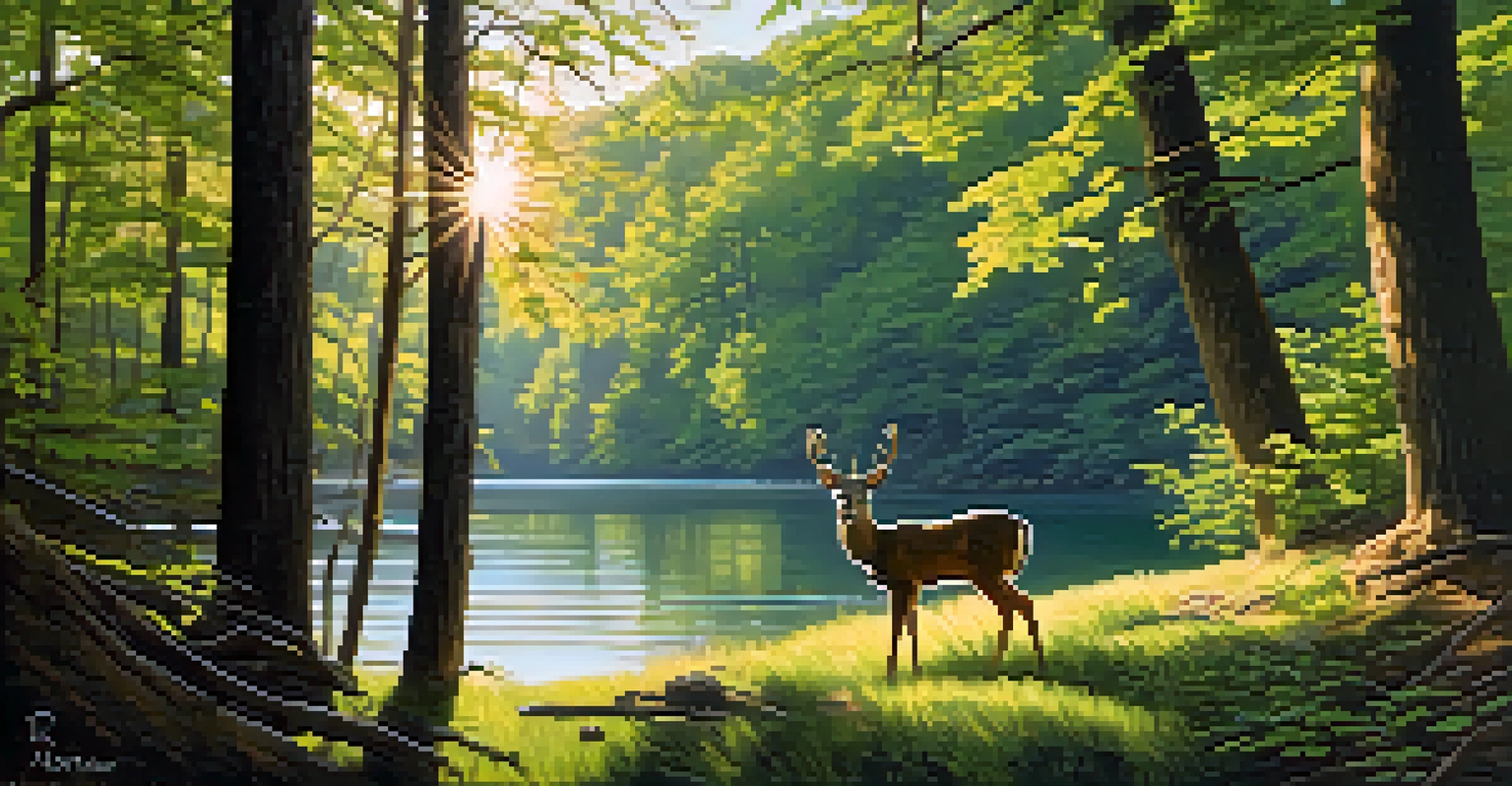 A peaceful view of Radnor Lake with forests and hills, featuring a deer drinking water and birds in the trees.