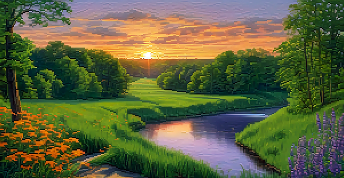 A beautiful sunset over Shelby Bottoms Greenway with the Cumberland River, lush grass, and trails, featuring flying birds.