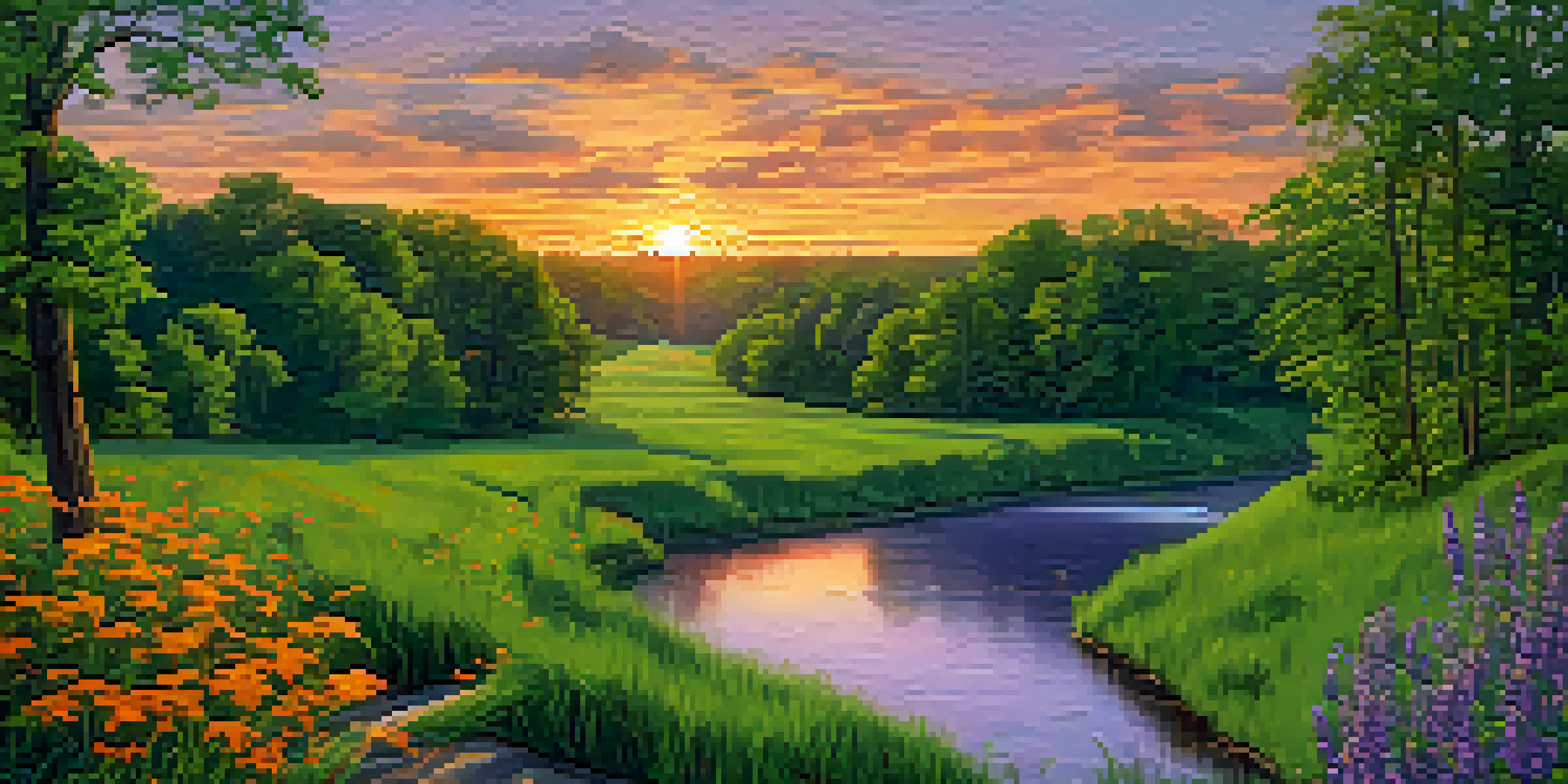 A beautiful sunset over Shelby Bottoms Greenway with the Cumberland River, lush grass, and trails, featuring flying birds.