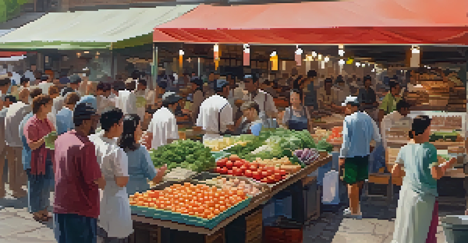 A vibrant local food market with colorful stalls, vendors offering unique dishes, and customers enjoying a lively atmosphere.