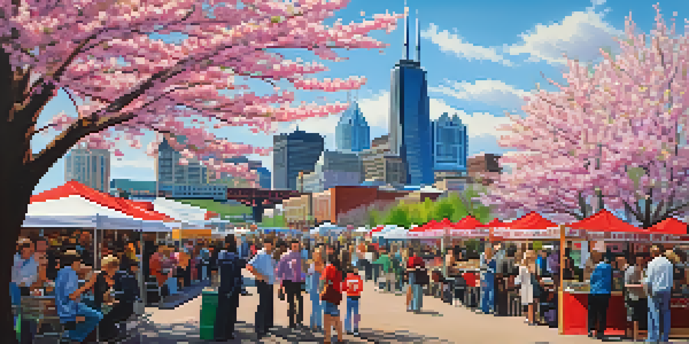 A lively spring festival in Nashville with blooming cherry trees, people enjoying live music, and city skyline in the background.