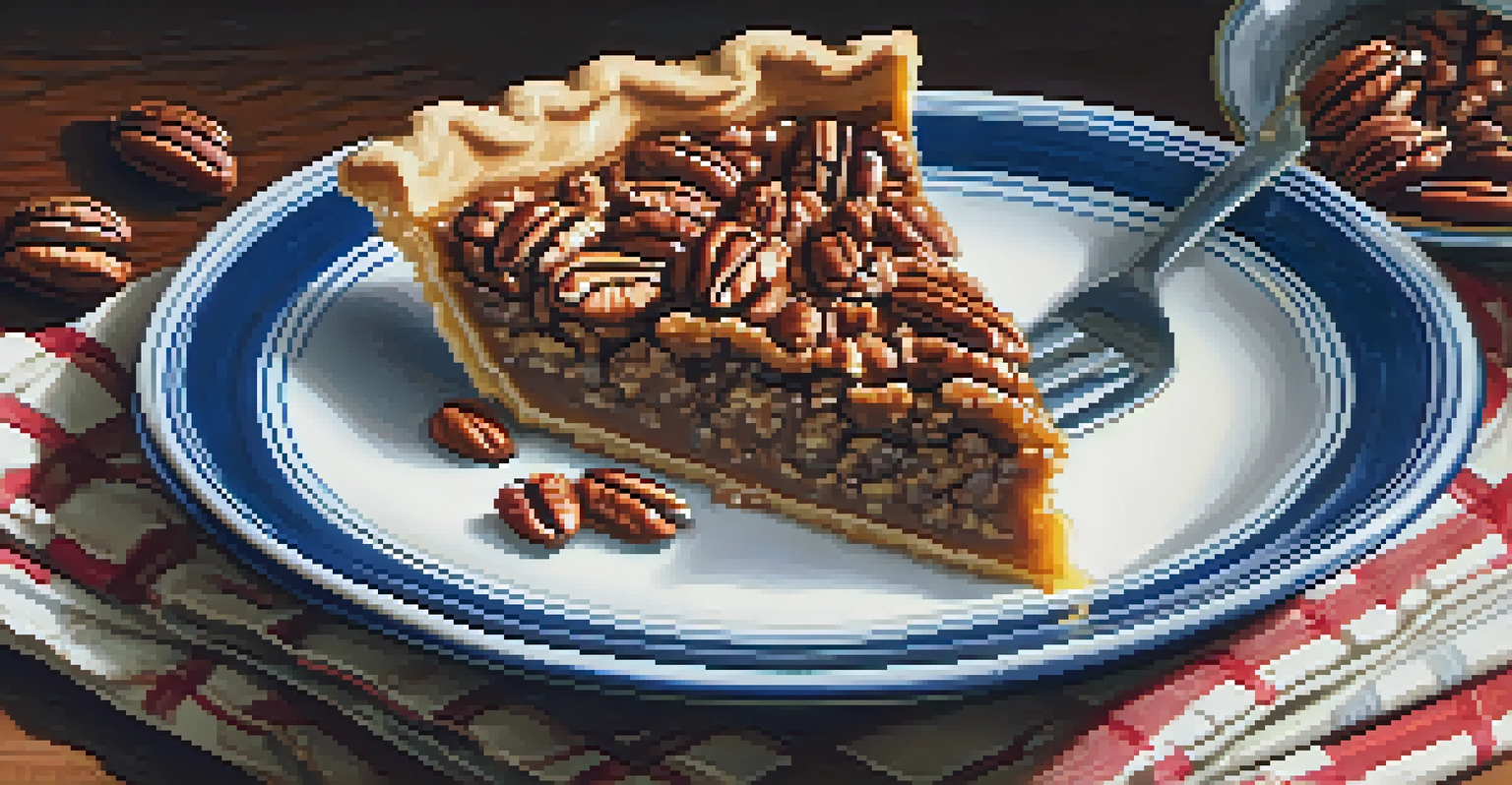A slice of pecan pie on a vintage plate with whipped cream, surrounded by baking ingredients like pecans and flour.