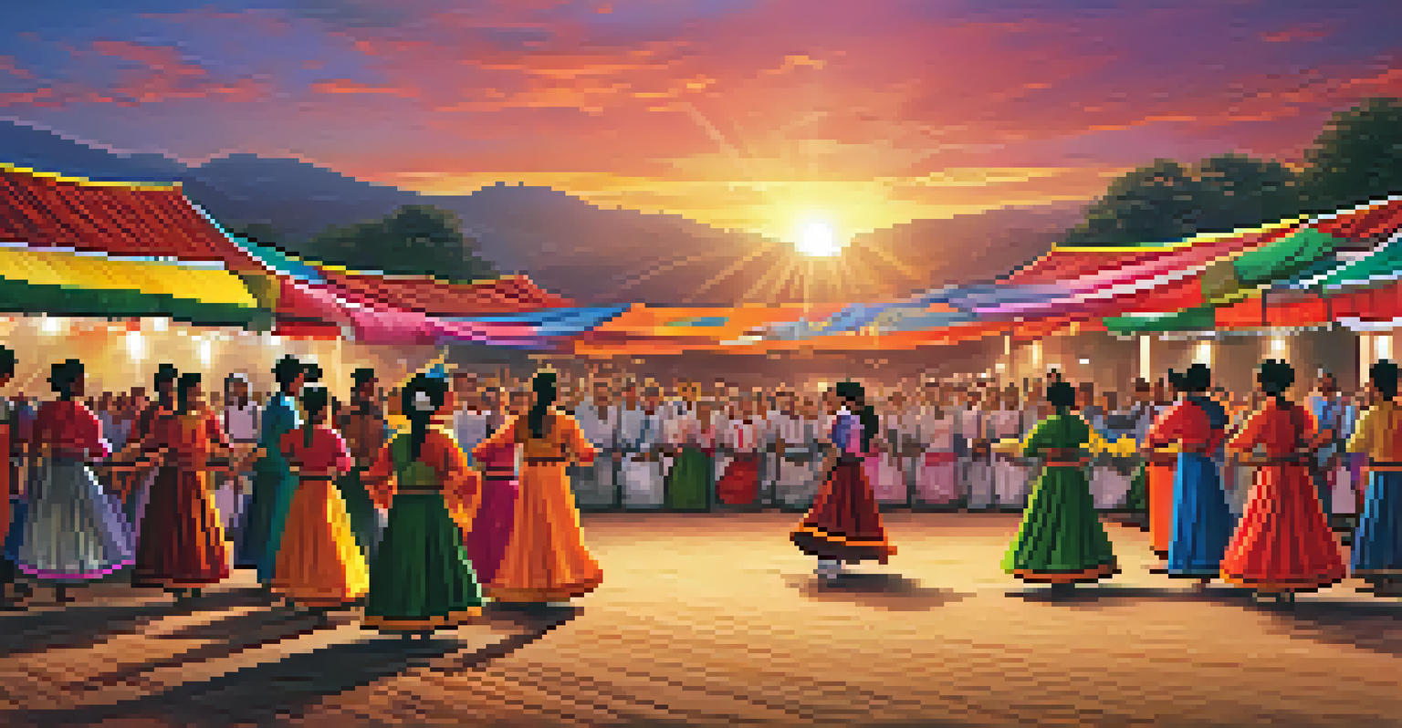Dancers in colorful costumes performing at a cultural festival, with an audience and craft stalls in the background during sunset.