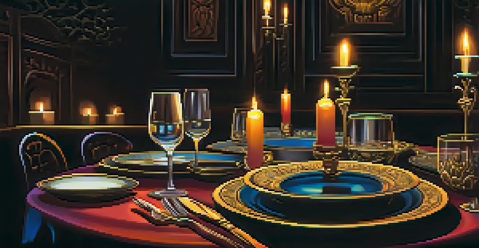 A darkened restaurant table elegantly set with gourmet dishes and candlelight, emphasizing a cozy and intimate dining experience.