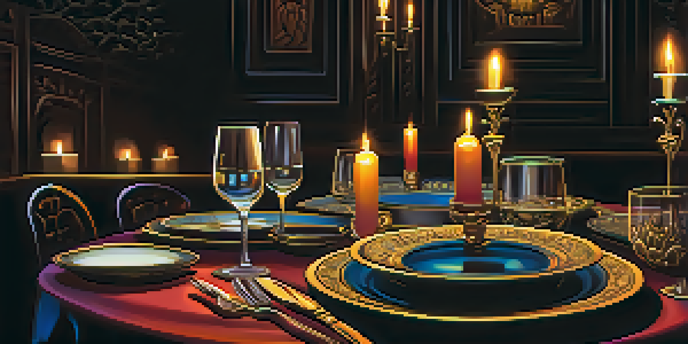 A darkened restaurant table elegantly set with gourmet dishes and candlelight, emphasizing a cozy and intimate dining experience.