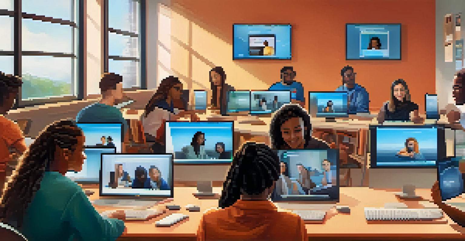 A group of diverse students participating in an online class, focused on their computers with a digital presentation visible.