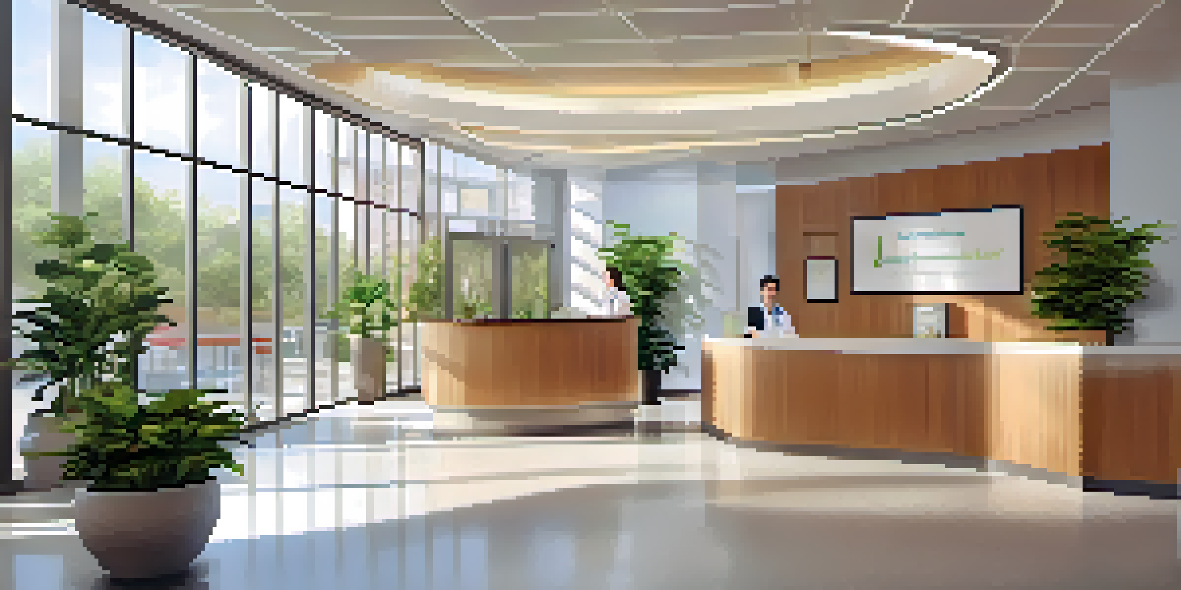 A bright and welcoming healthcare reception area with comfortable seating, plants, and a friendly receptionist interacting with a patient.