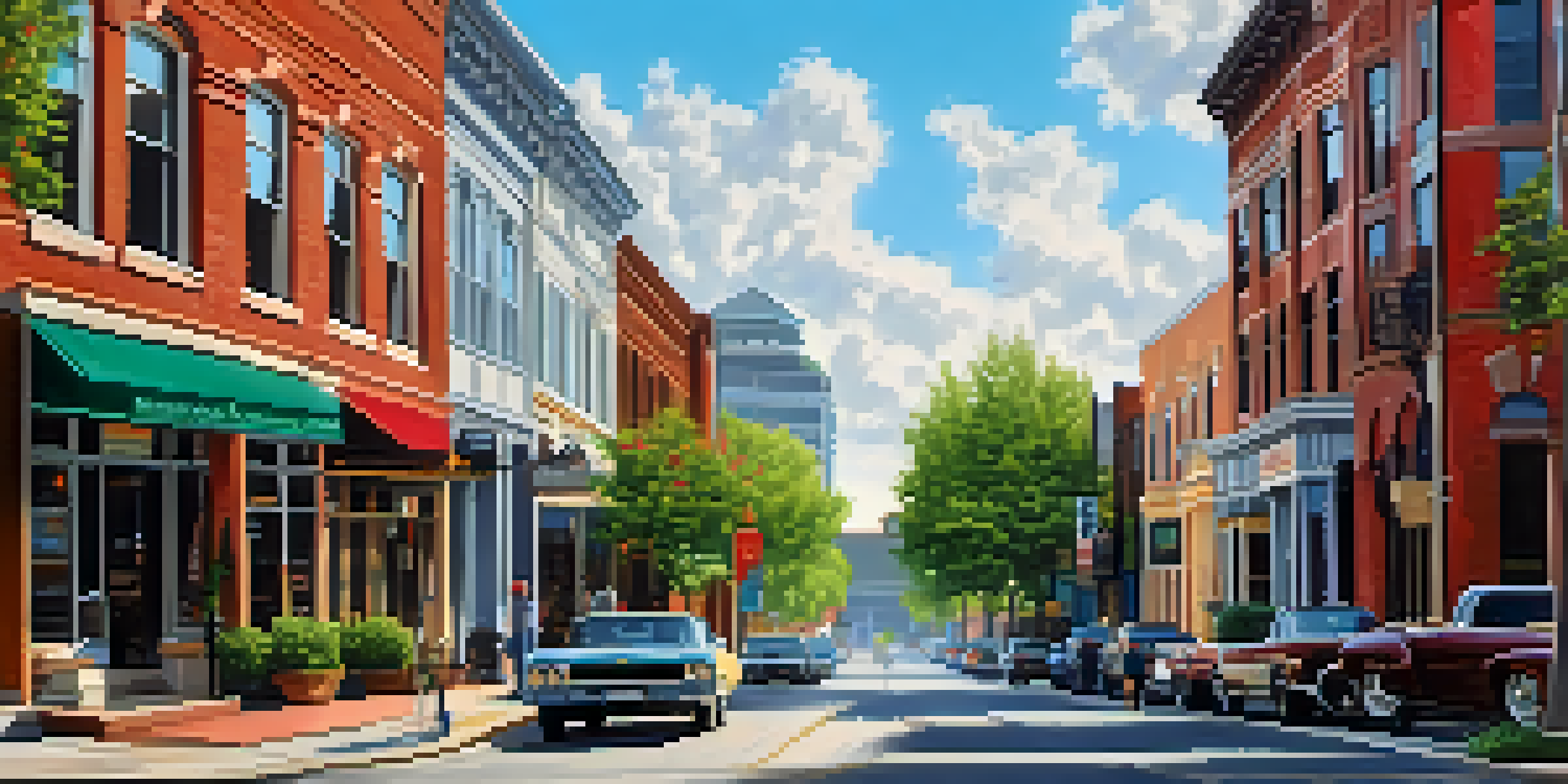A scenic view of a historic street in Nashville's Music Row, showcasing colorful buildings and lush greenery bathed in morning light.