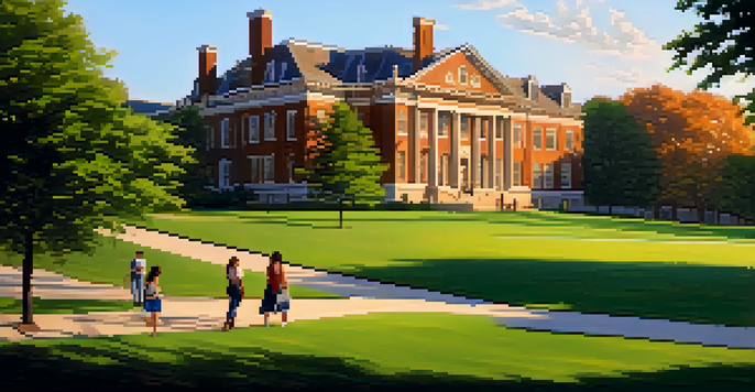 A scenic view of Vanderbilt University with historic buildings, green lawns, and students interacting.