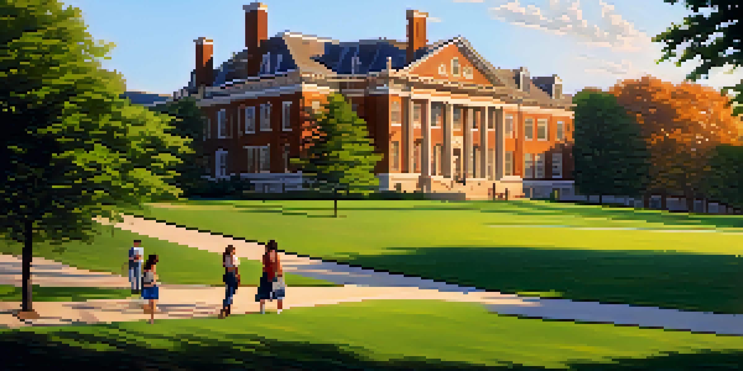 A scenic view of Vanderbilt University with historic buildings, green lawns, and students interacting.