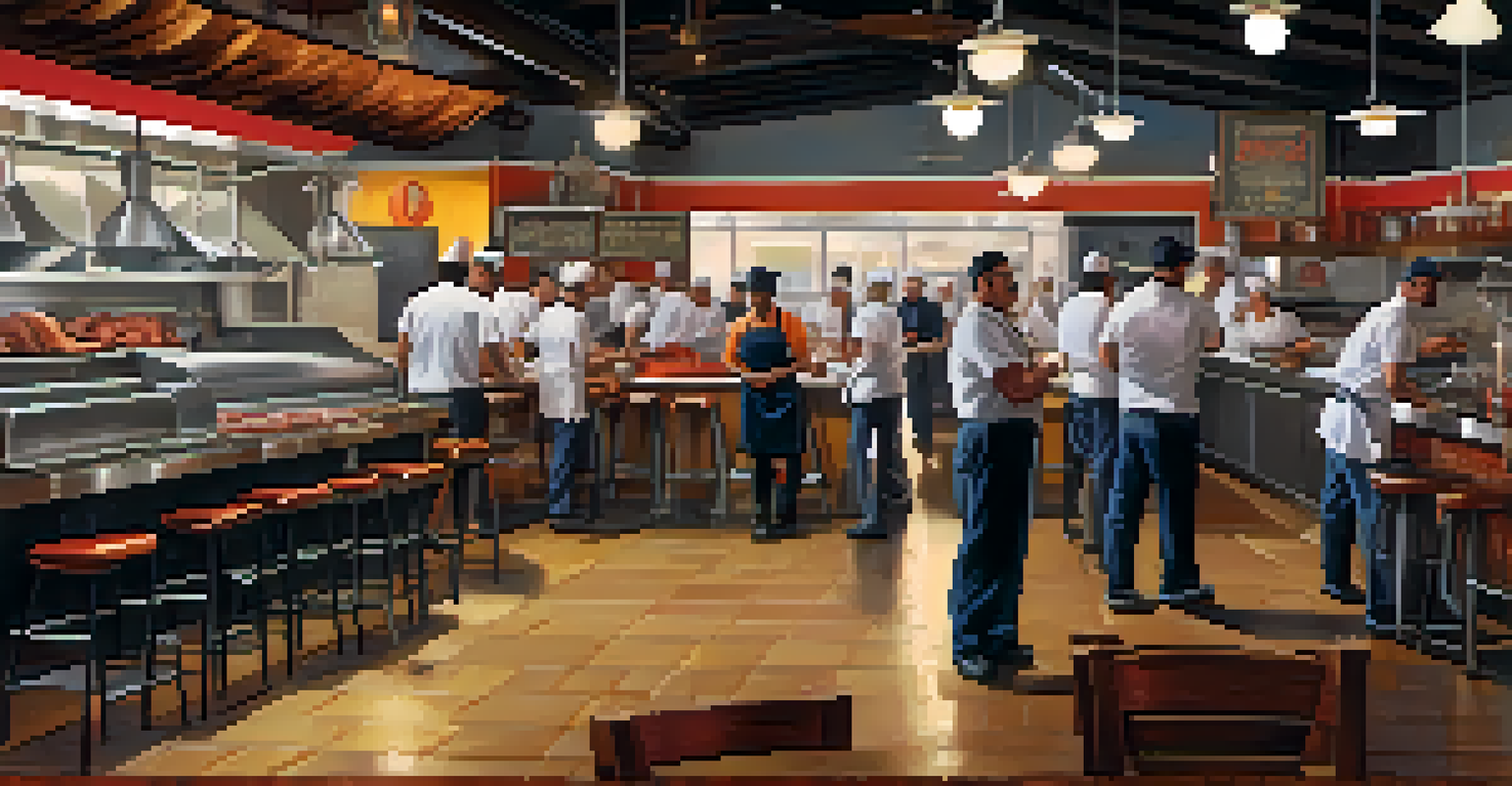 The open kitchen of The Pitmaster's Choice with chefs preparing barbecue dishes, featuring excited diners in the foreground.