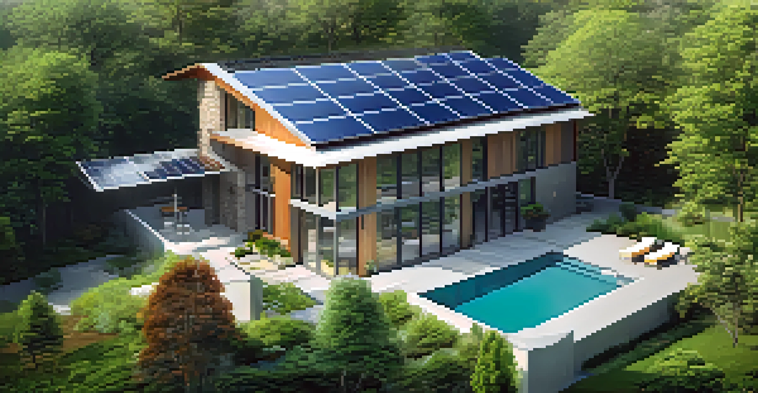 An aerial view of an eco-friendly home in Nashville with solar panels and a surrounding garden.