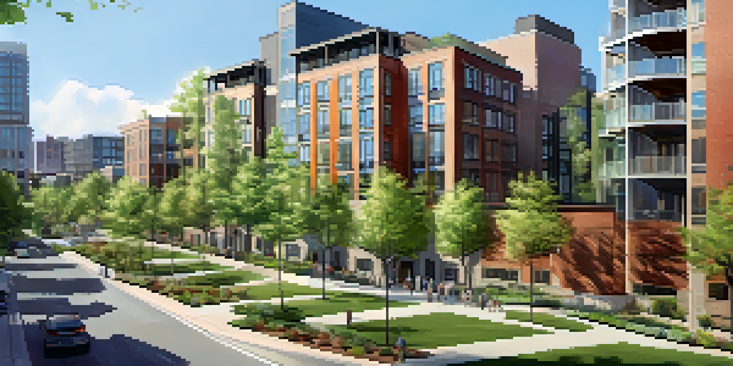 A lively urban scene in Nashville featuring mixed-use buildings, green parks, and people enjoying the outdoors.
