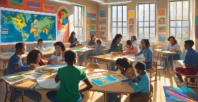 A diverse group of students working together in a bright classroom filled with cultural decorations.