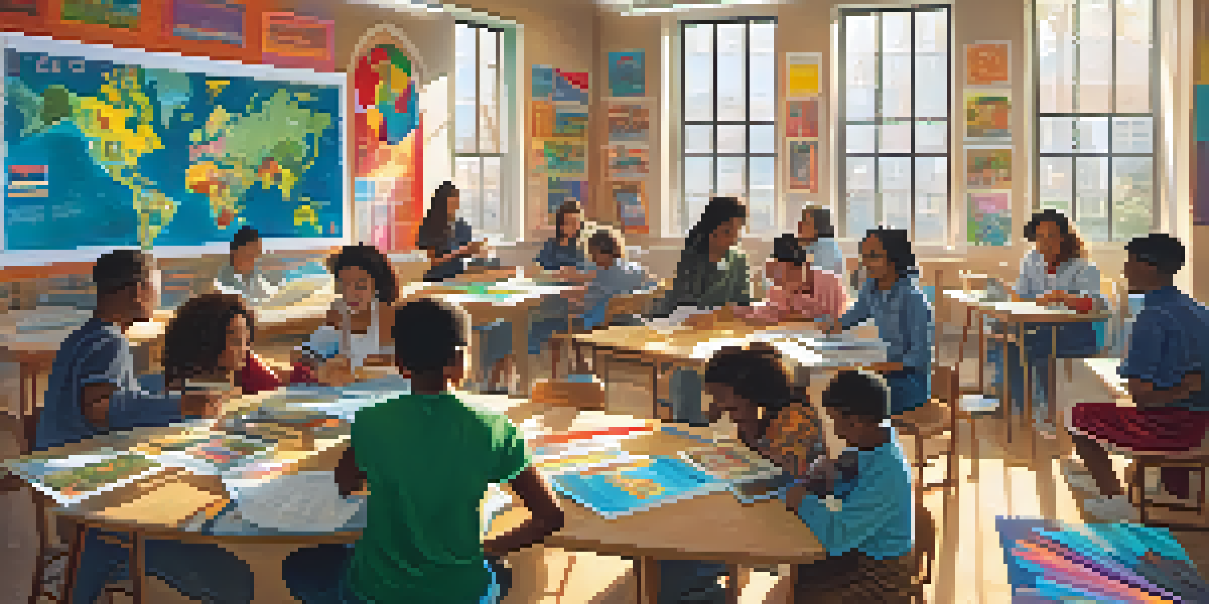 A diverse group of students working together in a bright classroom filled with cultural decorations.