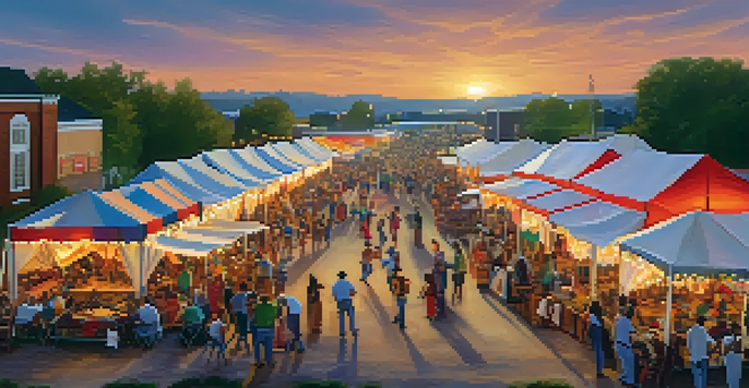 A lively Southern community festival with people dancing, colorful tents, and food stalls in a sunset backdrop.