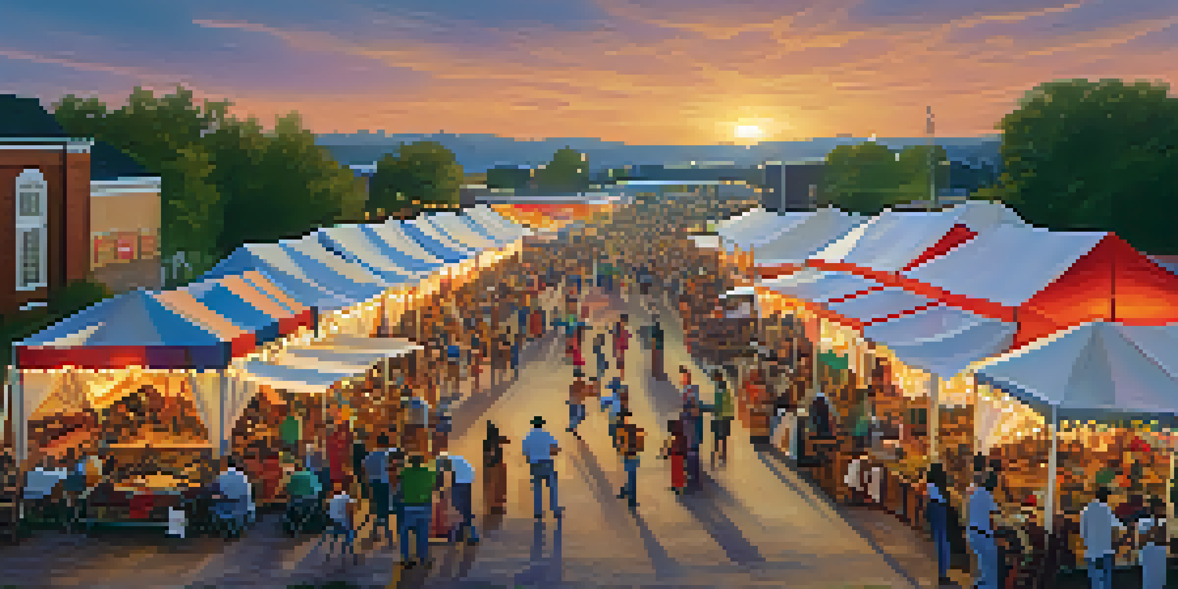 A lively Southern community festival with people dancing, colorful tents, and food stalls in a sunset backdrop.