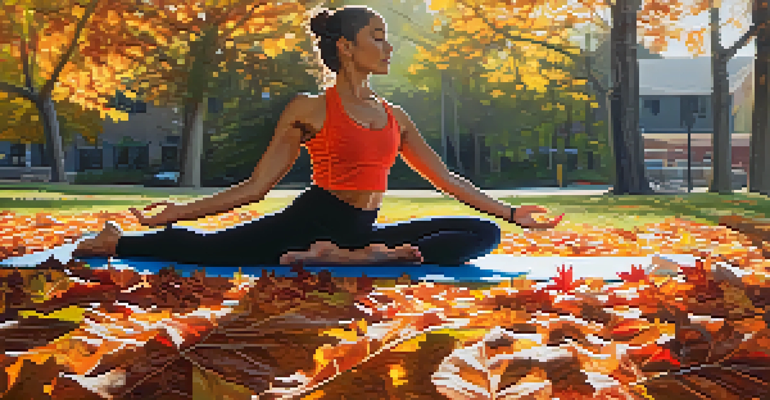 A close-up of an individual meditating on a yoga mat outdoors, surrounded by autumn leaves and dappled sunlight filtering through the trees.