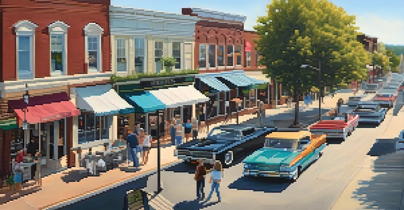 An aerial view of Franklin, Tennessee, showcasing the historic downtown with shops, restaurants, and people enjoying outdoor activities in the afternoon light.