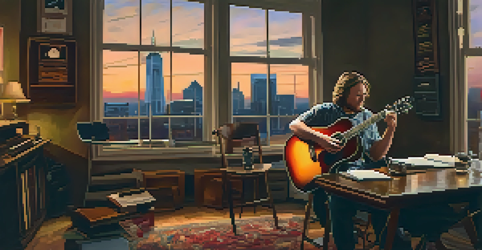 Two songwriters collaborating in a cozy studio, surrounded by instruments and notes, with Nashville's skyline visible through the window.