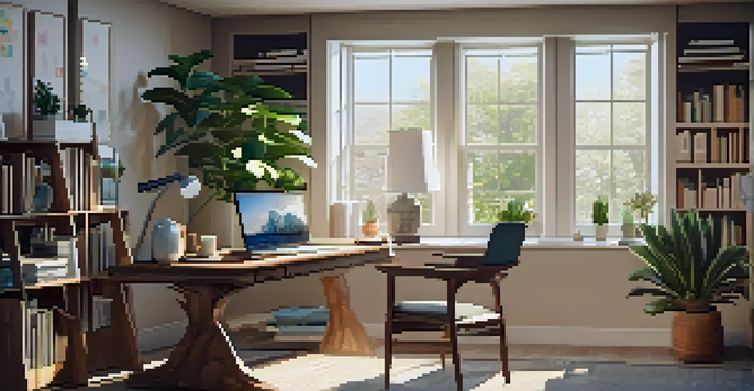 A cozy home office with a desk, laptop, books, and a plant, illuminated by soft natural light.