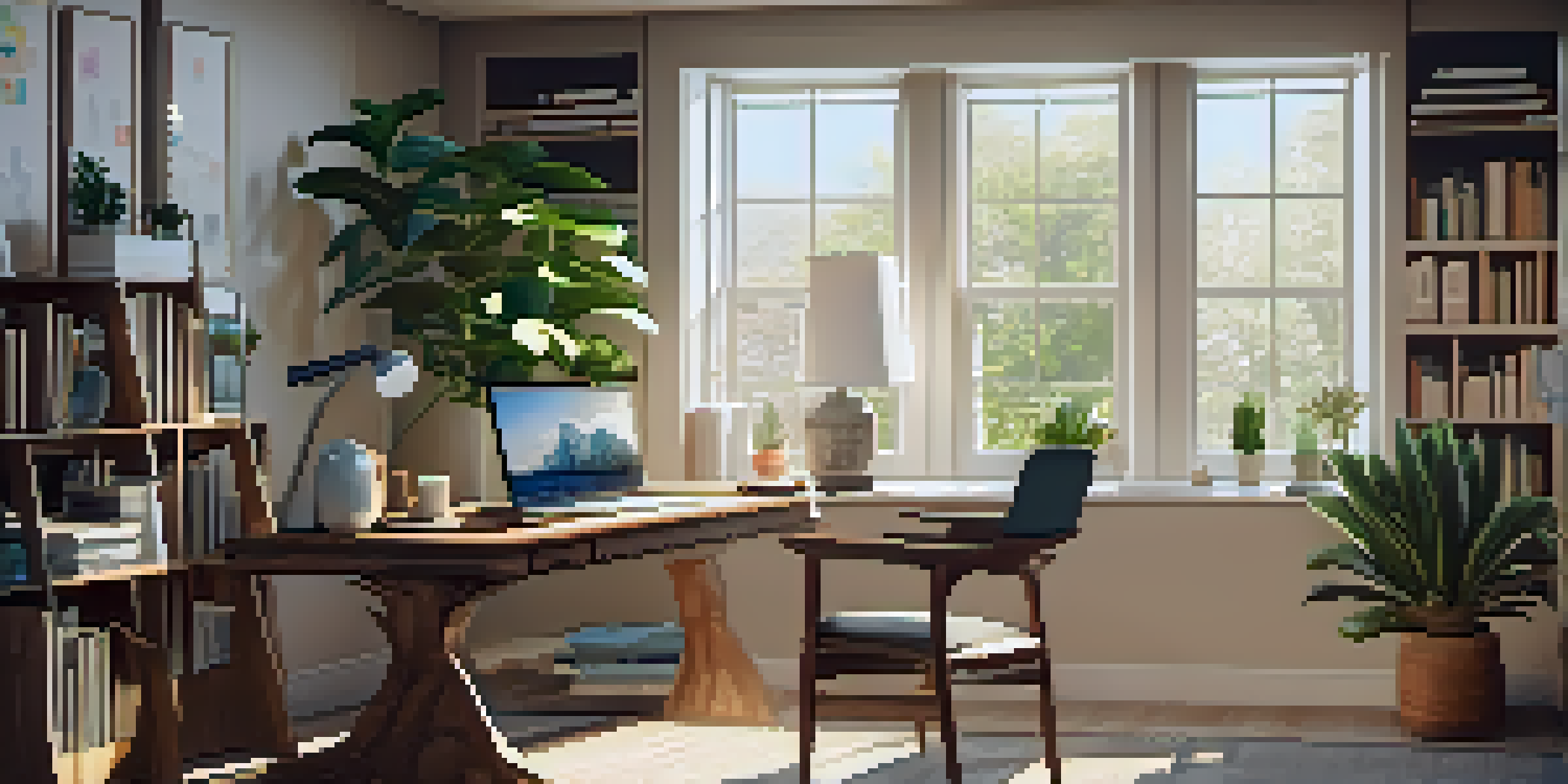 A cozy home office with a desk, laptop, books, and a plant, illuminated by soft natural light.