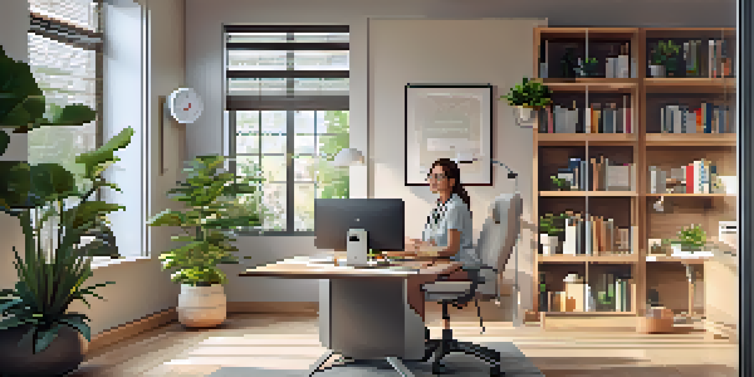A telehealth specialist in a home office communicating with a patient through a video call, surrounded by plants and books.