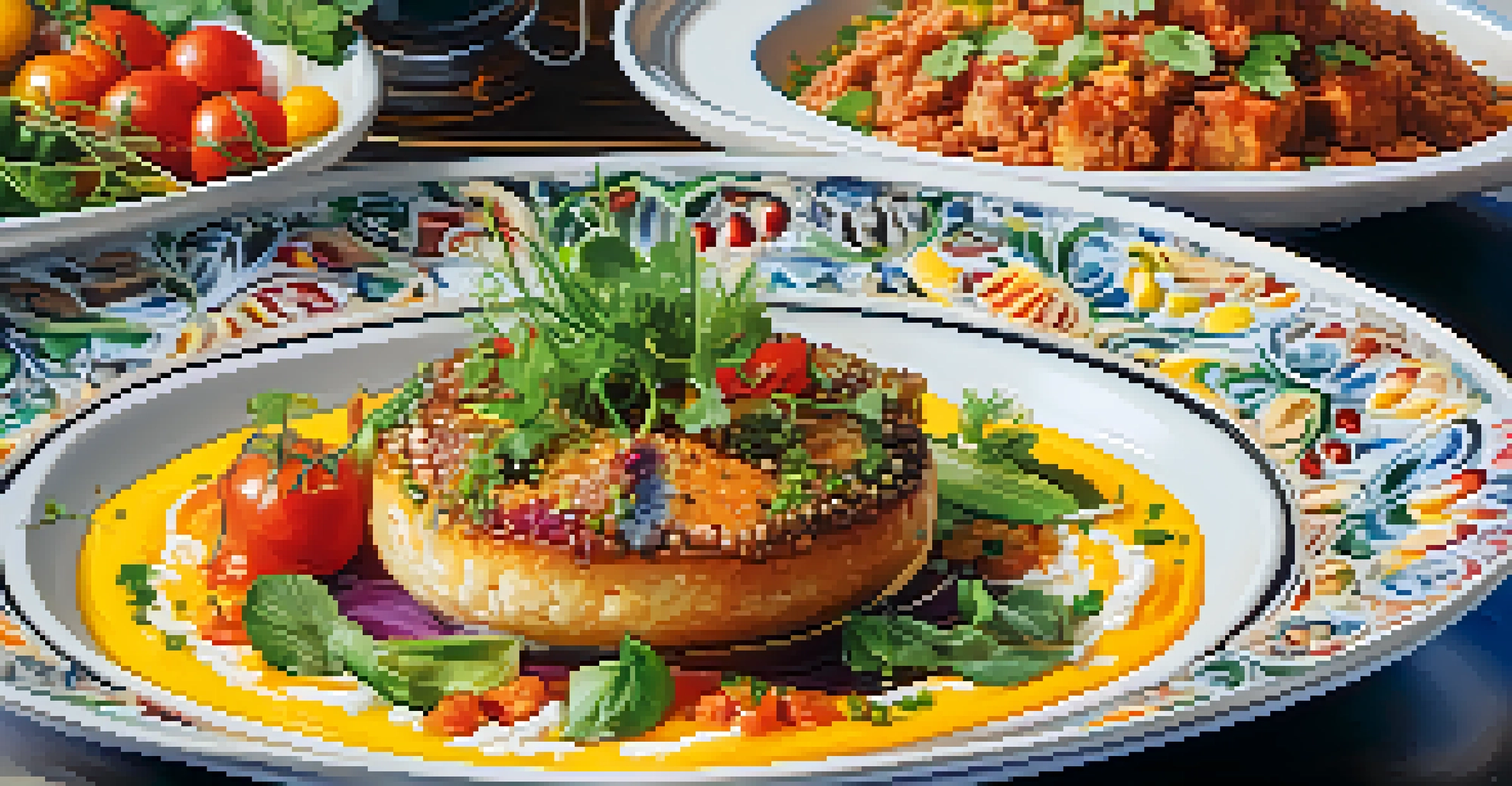 A close-up of a colorful fusion dish, artistically plated with fresh herbs and sauces, showcasing culinary creativity.
