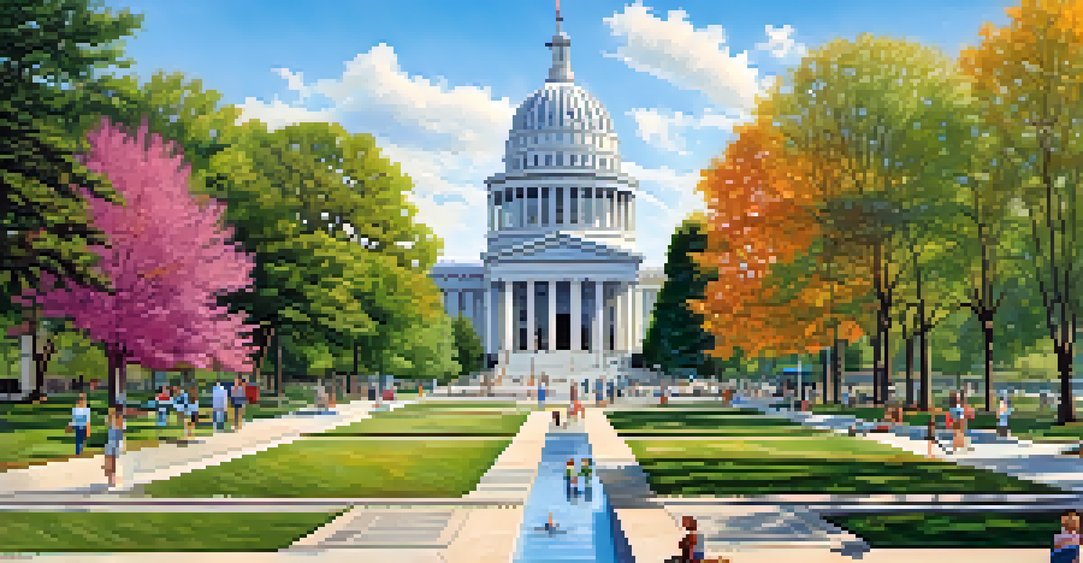 A lively scene at Bicentennial Capitol Mall featuring the granite map of Tennessee, gardens, and people enjoying the park.