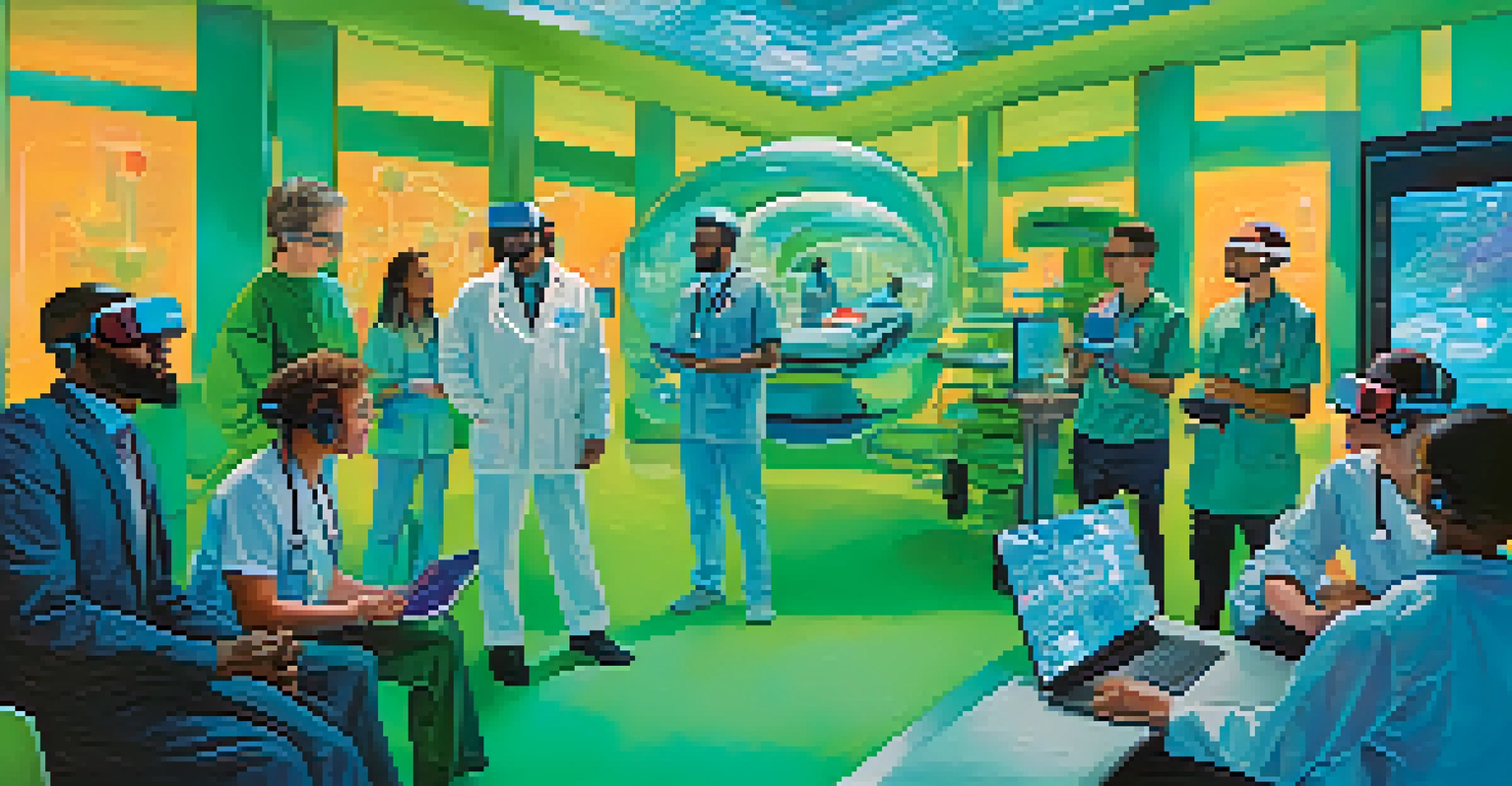 A futuristic healthcare collaboration scene with diverse individuals using technology like VR headsets and data visualizations in a vibrant setting.