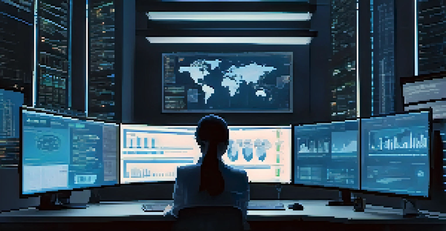 A healthcare data analyst in a modern office, analyzing data on multiple screens in a dimly lit environment.