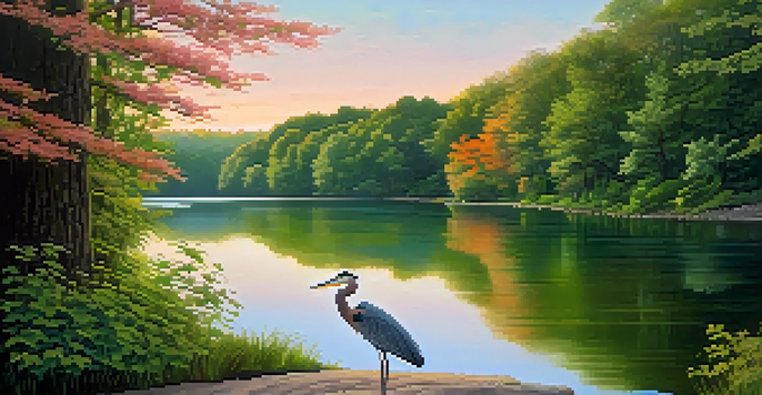 A peaceful sunrise over a lake surrounded by trees, with a heron by the shore and a trail leading into the forest.