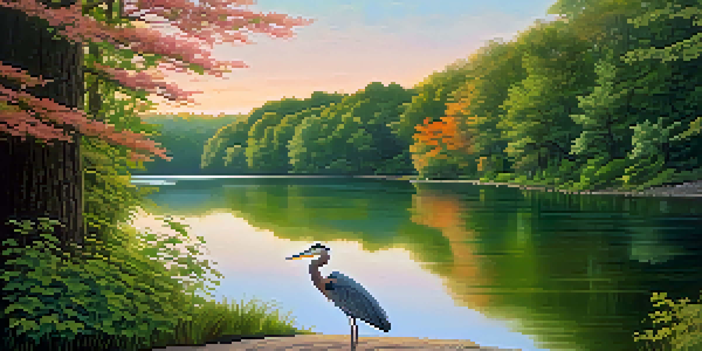 A peaceful sunrise over a lake surrounded by trees, with a heron by the shore and a trail leading into the forest.